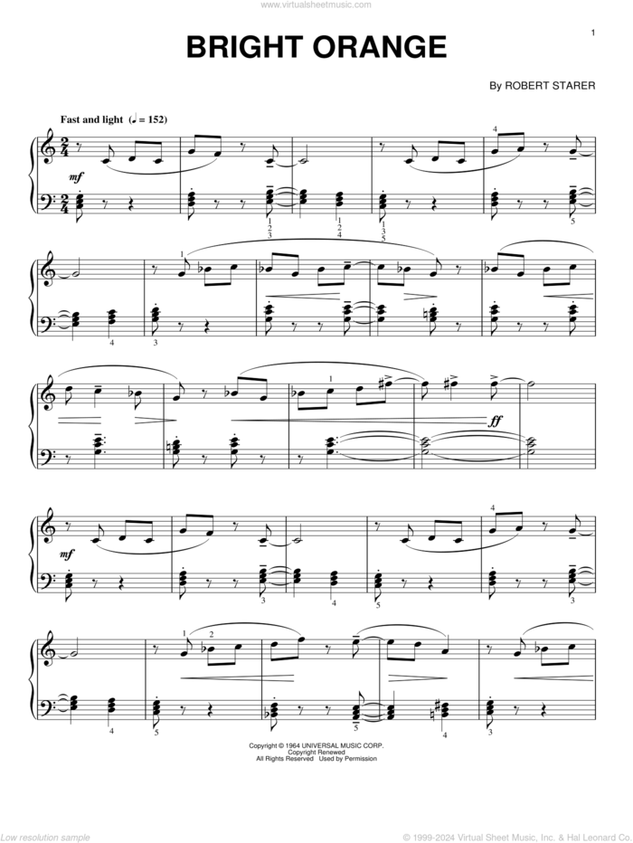 Bright Orange sheet music for piano solo by Robert Starer, intermediate skill level