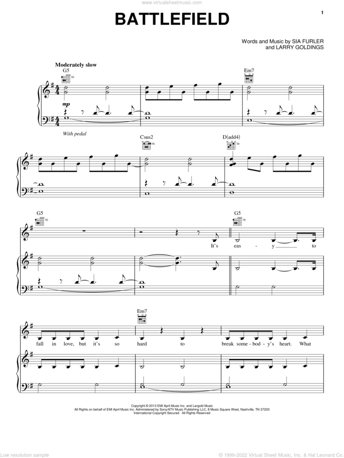 Battlefield sheet music for voice, piano or guitar by Lea Michele, Larry Goldings and Sia Furler, intermediate skill level
