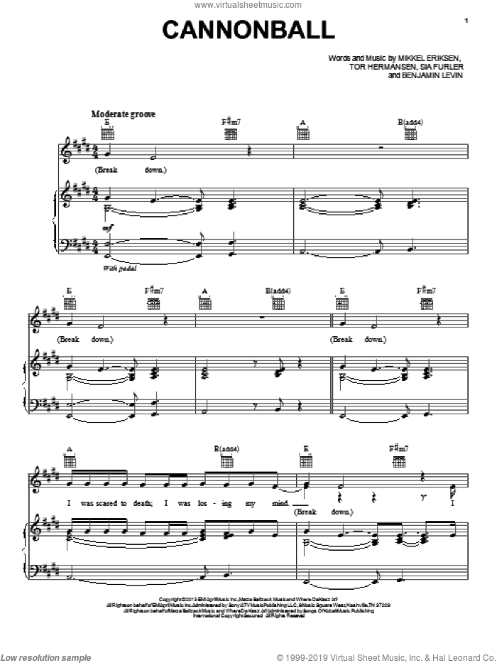 Cannonball sheet music for voice, piano or guitar by Lea Michele, Benjamin Levin, Mikkel Eriksen, Sia Furler and Tor Erik Hermansen, intermediate skill level