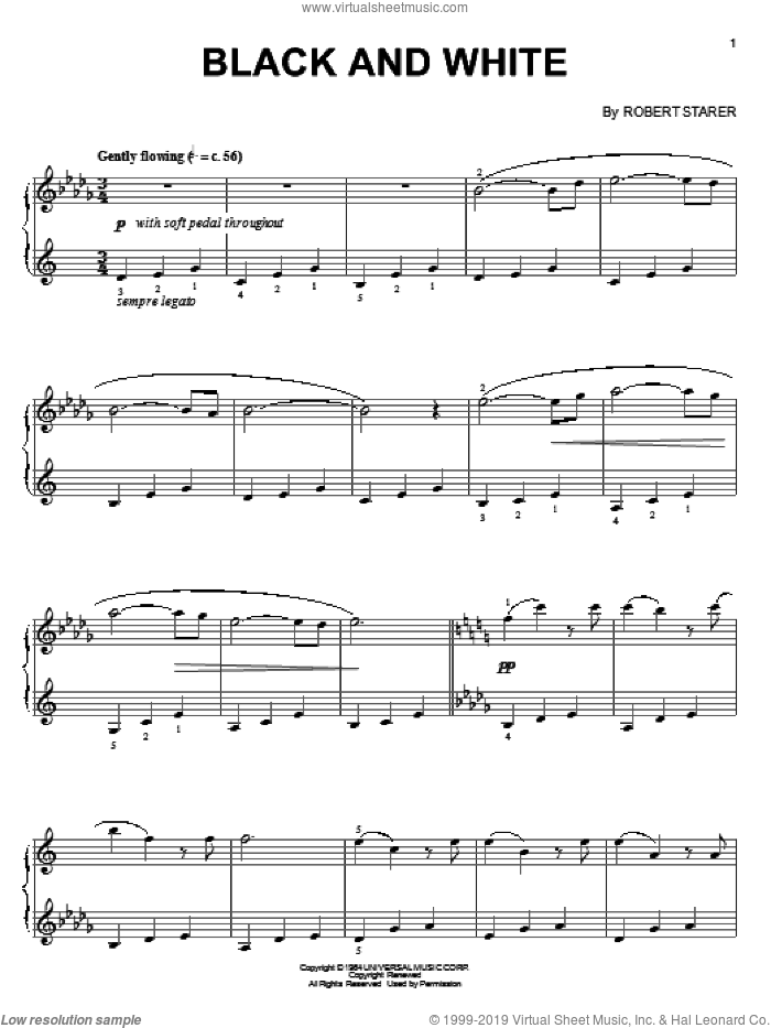 Black And White sheet music for piano solo by Robert Starer, intermediate skill level