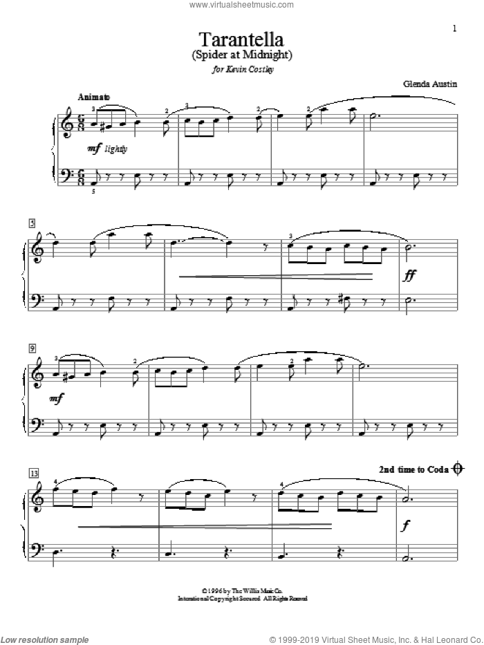 Tarantella (Spider At Midnight) sheet music for piano solo (elementary) by Glenda Austin, beginner piano (elementary)