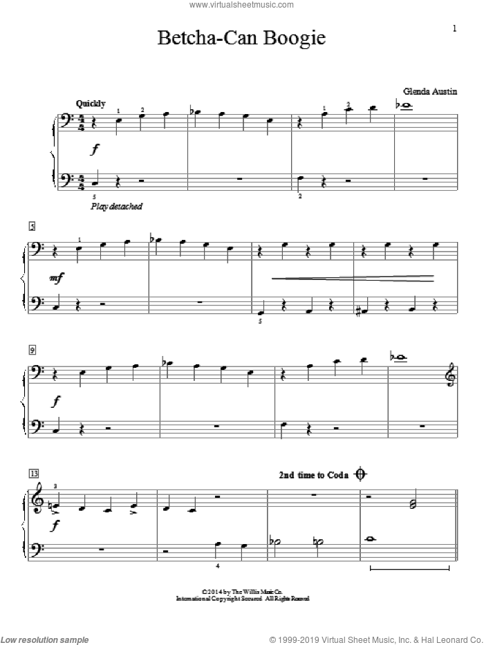 Betcha-Can Boogie sheet music for piano solo (elementary) by Glenda Austin, beginner piano (elementary)