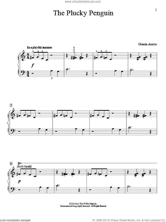The Plucky Penguin sheet music for piano solo (elementary) by Glenda Austin, beginner piano (elementary)