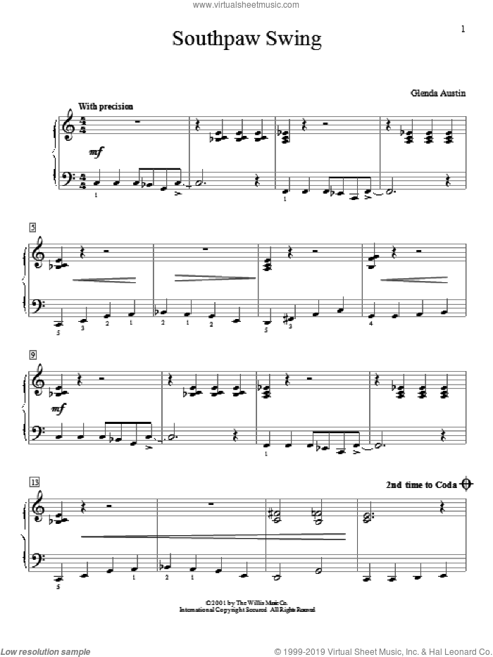 Southpaw Swing sheet music for piano solo (elementary) by Glenda Austin, beginner piano (elementary)