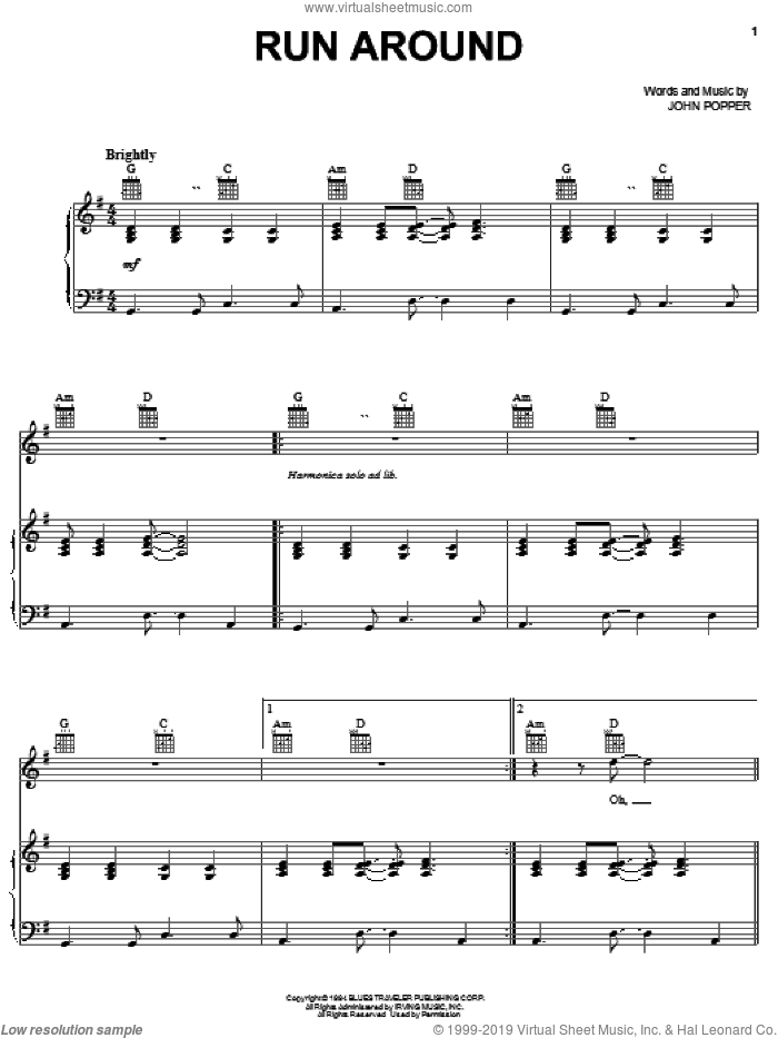 Run Around sheet music for voice, piano or guitar by Blues Traveler and John Popper, intermediate skill level
