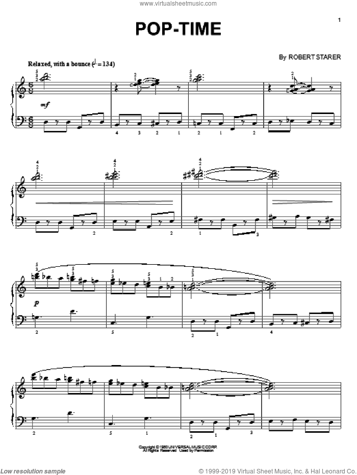Pop-Time sheet music for piano solo by Robert Starer, intermediate skill level