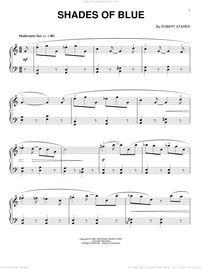 Shades Of Blue sheet music for piano solo by Robert Starer, intermediate skill level