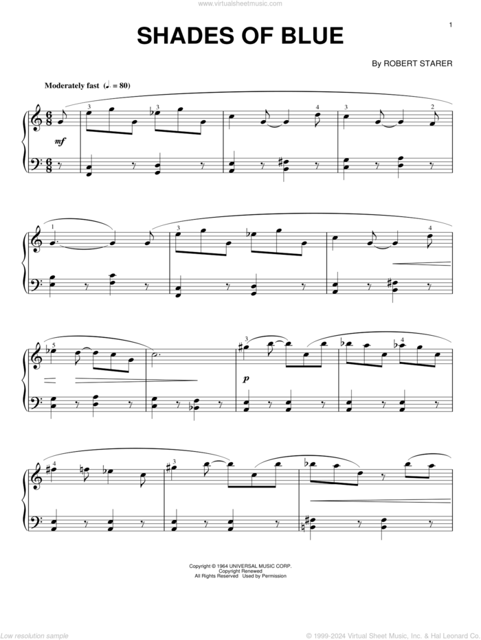 Shades Of Blue sheet music for piano solo by Robert Starer, intermediate skill level