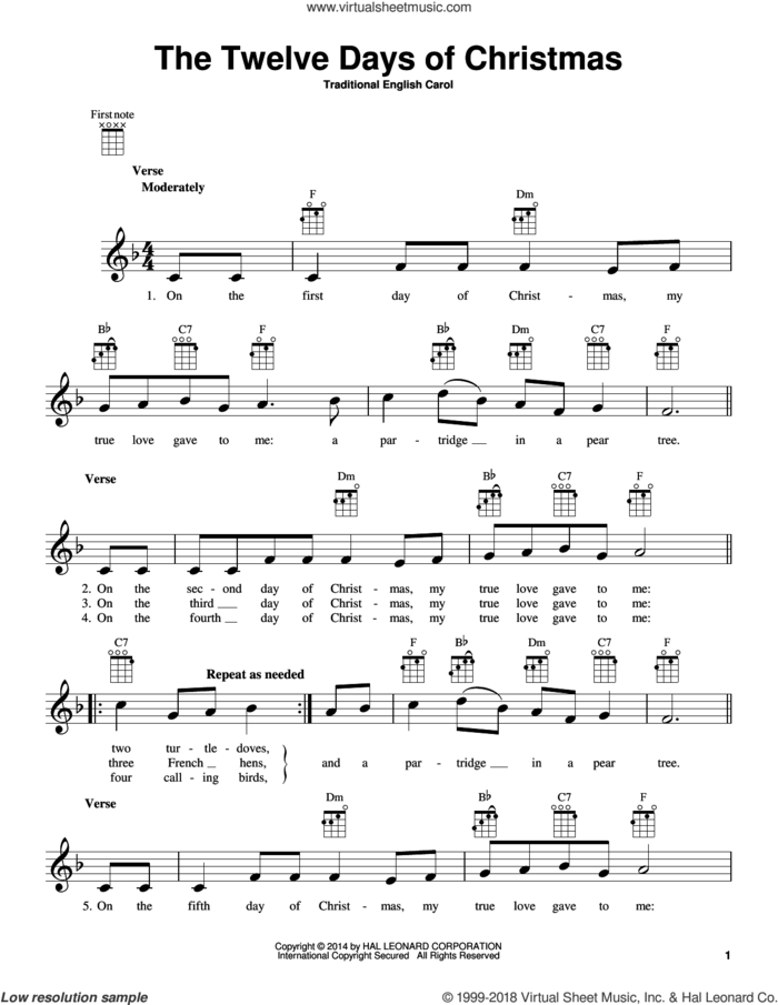 The Twelve Days Of Christmas sheet music for ukulele, intermediate skill level