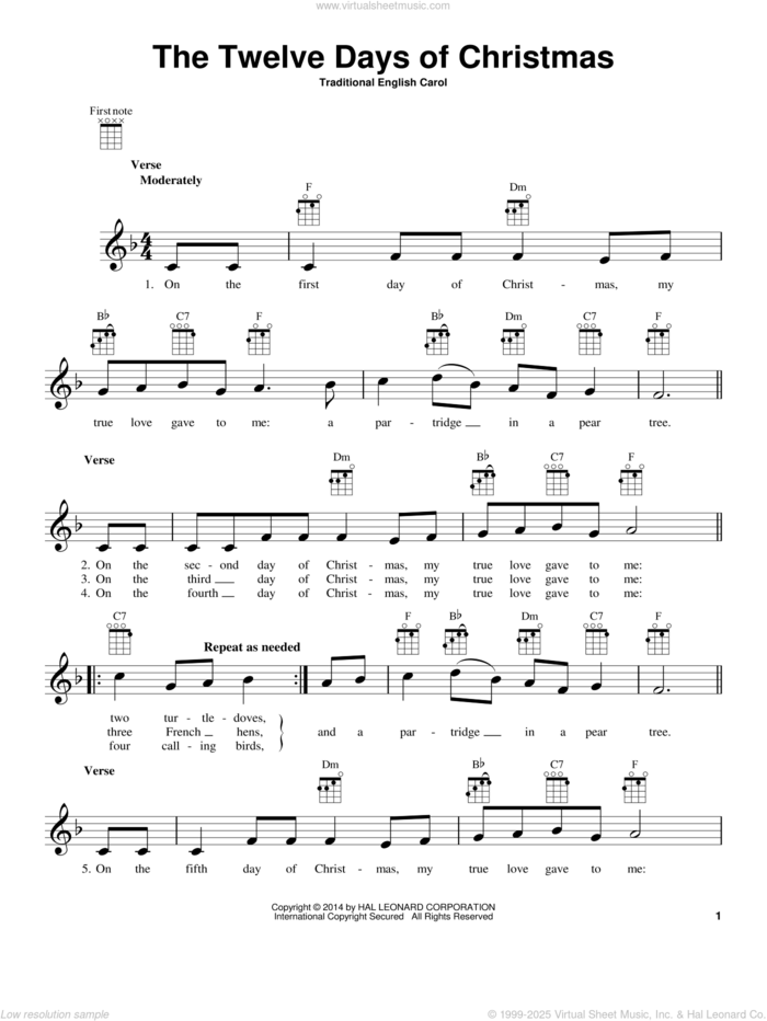 The Twelve Days Of Christmas sheet music for ukulele, intermediate skill level