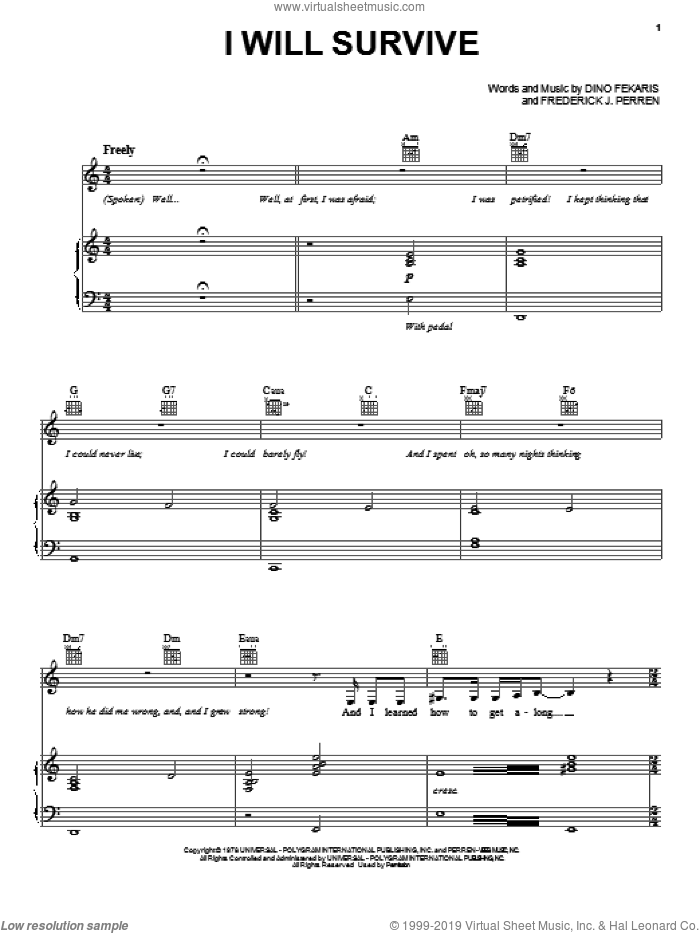 I Will Survive sheet music for voice, piano or guitar by Gloria Gaynor, Chantay Savage, Dino Fekaris, Frederick Perren and John Powell, intermediate skill level