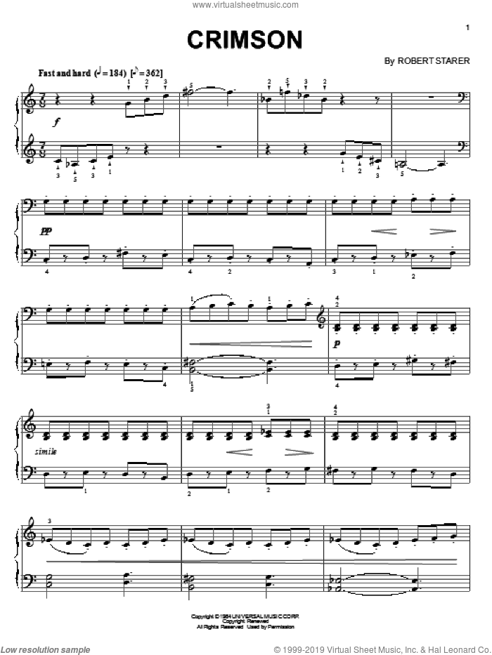Crimson sheet music for piano solo by Robert Starer, intermediate skill level