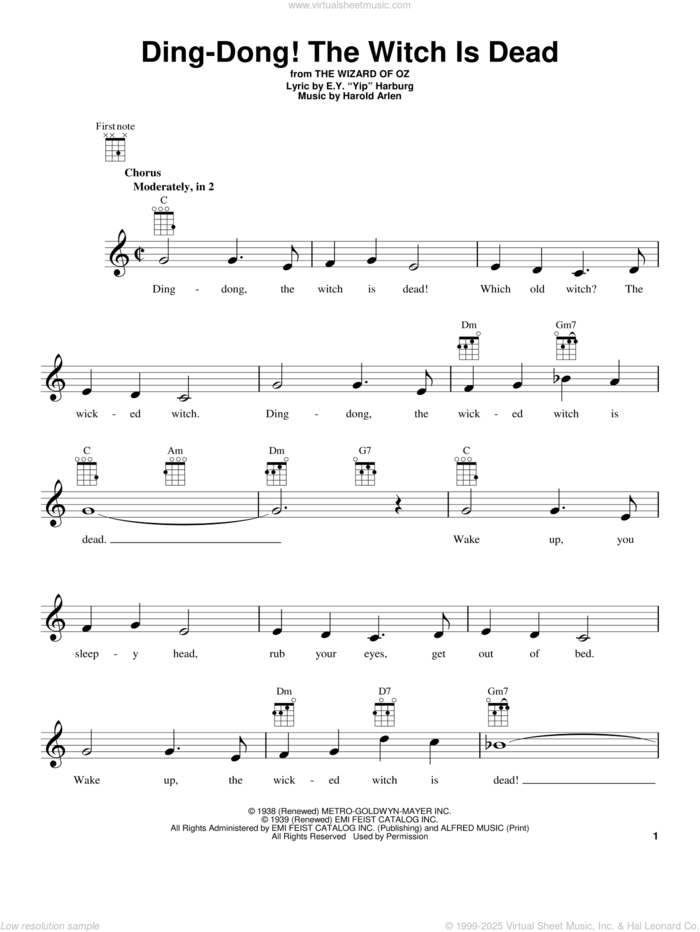 Ding-Dong! The Witch Is Dead sheet music for ukulele by Harold Arlen and E.Y. Harburg, intermediate skill level