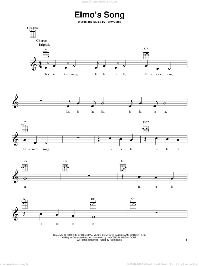 Elmo's Song sheet music for ukulele by Tony Geiss, intermediate skill level