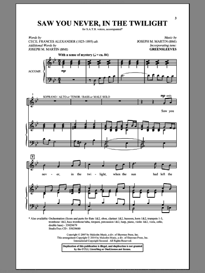 Saw You Never, In The Twilight sheet music for choir (SATB: soprano, alto, tenor, bass) by Joseph M. Martin and Cecil Alexander, intermediate skill level