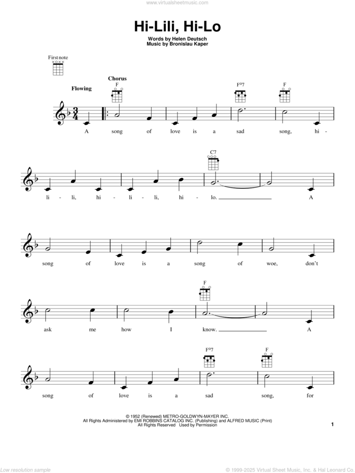 Hi-Lili, Hi-Lo sheet music for ukulele by Bronislau Kaper and Helen Deutsch, intermediate skill level