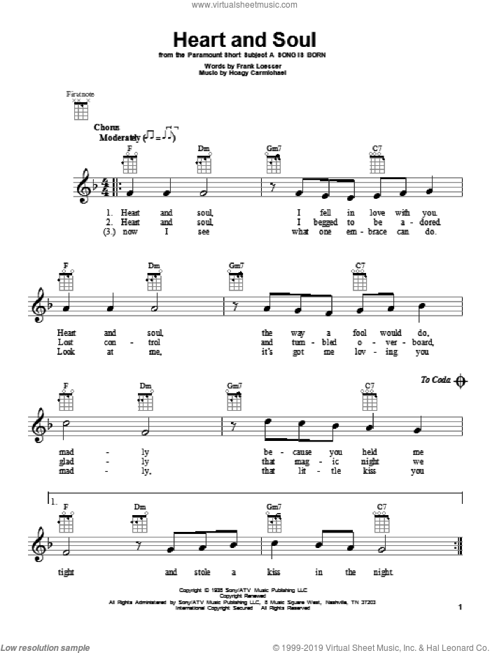 Heart And Soul sheet music for ukulele by Frank Loesser and Hoagy Carmichael, intermediate skill level