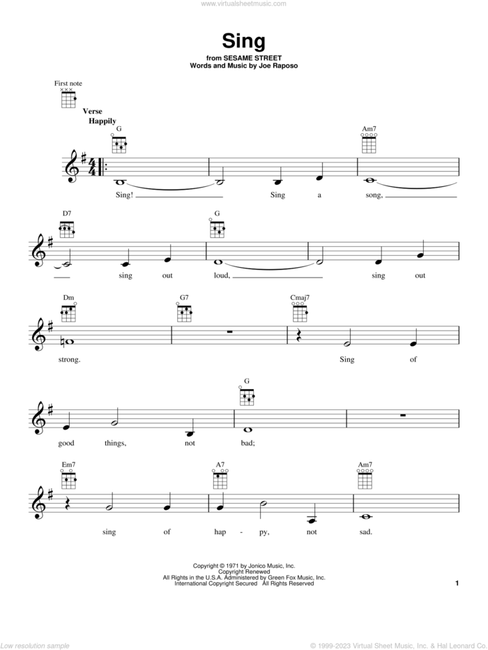 Sing sheet music for ukulele by Carpenters and Joe Raposo, intermediate skill level