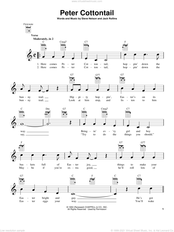 Peter Cottontail sheet music for ukulele by Steve Nelson and Jack Rollins, intermediate skill level