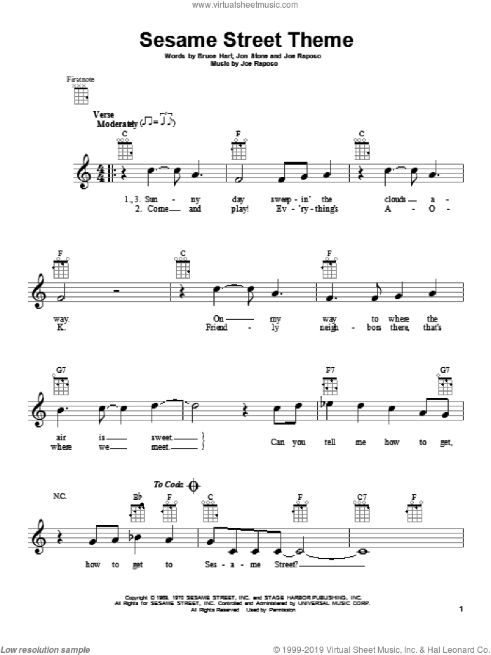 Sesame Street Theme sheet music for ukulele by Joe Raposo, Bruce Hart and Jon Stone, intermediate skill level