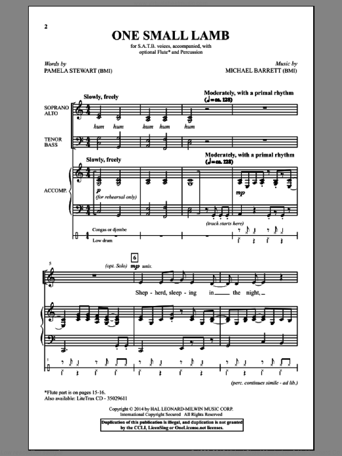 One Small Lamb sheet music for choir (SATB: soprano, alto, tenor, bass) by Michael Barrett and Pamela Stewart, intermediate skill level