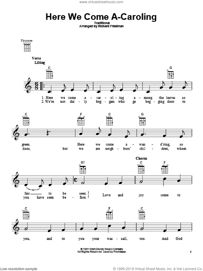 Here We Come A-Caroling sheet music for ukulele by Richard Friedman and Miscellaneous, intermediate skill level