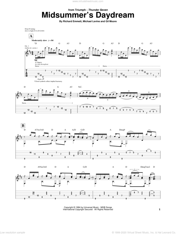 Midsummer's Daydream sheet music for guitar (tablature) by Triumph, Gil Moore, Michael Levine and Richard Emmett, intermediate skill level