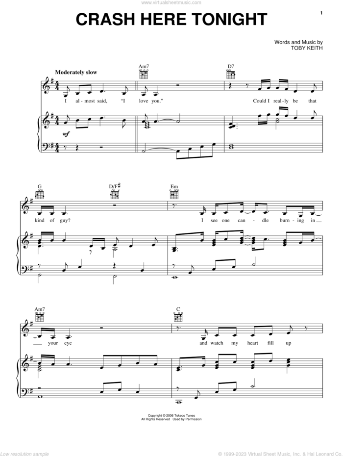 Crash Here Tonight sheet music for voice, piano or guitar by Toby Keith, intermediate skill level