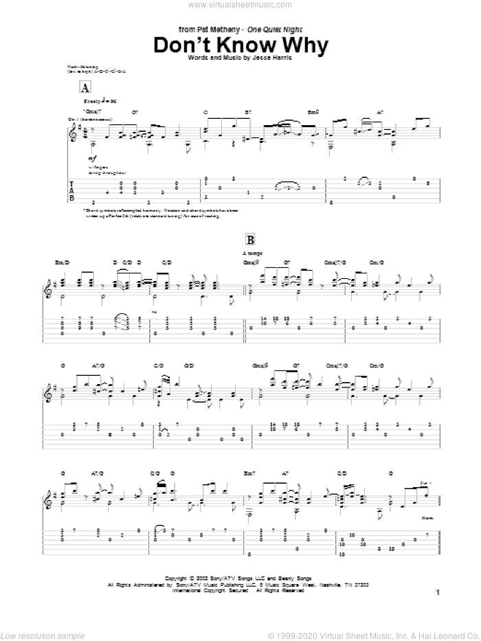 Don't Know Why sheet music for guitar (tablature) by Pat Metheny, Jesse Harris and Norah Jones, intermediate skill level