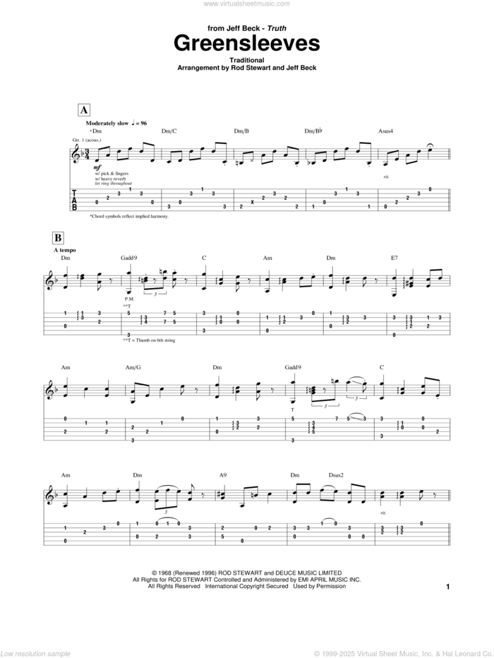 Greensleeves sheet music for guitar (tablature) by Jeff Beck Group, Jeff Beck and Rod Stewart, intermediate skill level