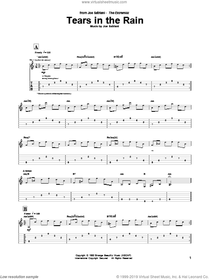 Tears In The Rain sheet music for guitar (tablature) by Joe Satriani, intermediate skill level