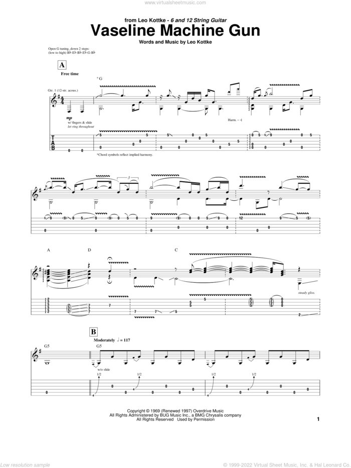 Vaseline Machine Gun sheet music for guitar (tablature) by Leo Kottke, intermediate skill level