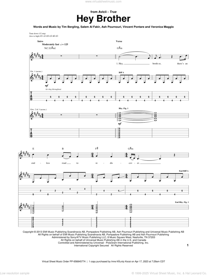 Hey Brother sheet music for guitar (tablature) by Avicii, Ash Pournouri, Salem Al Fakir, Tim Bergling, Veronica Maggio and Vincent Pontare, intermediate skill level