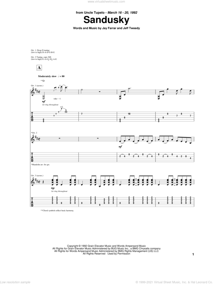Sandusky sheet music for guitar (tablature) by Uncle Tupelo, Jay Farrar and Jeff Tweedy, intermediate skill level