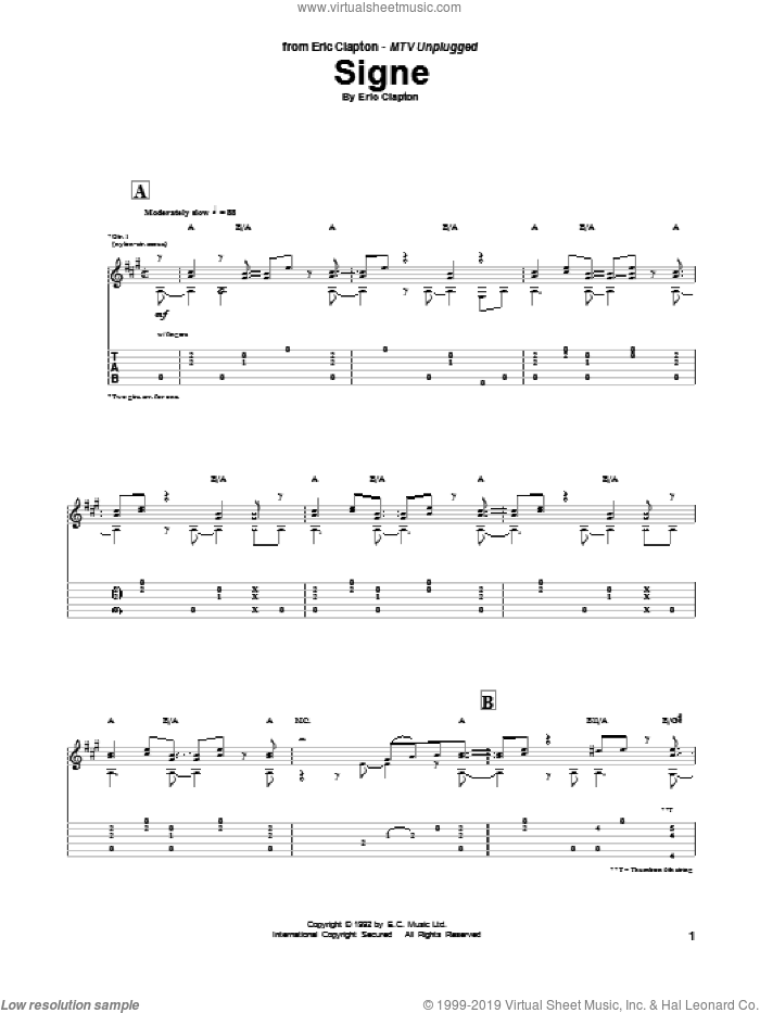 Signe sheet music for guitar (tablature) by Eric Clapton, intermediate skill level