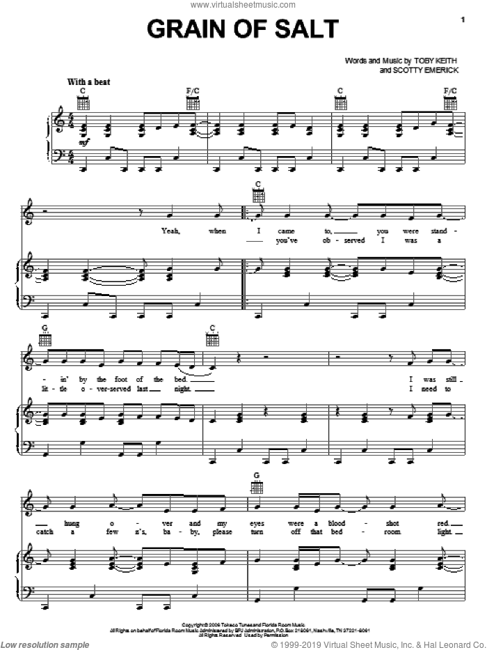 Grain Of Salt sheet music for voice, piano or guitar by Toby Keith and Scotty Emerick, intermediate skill level