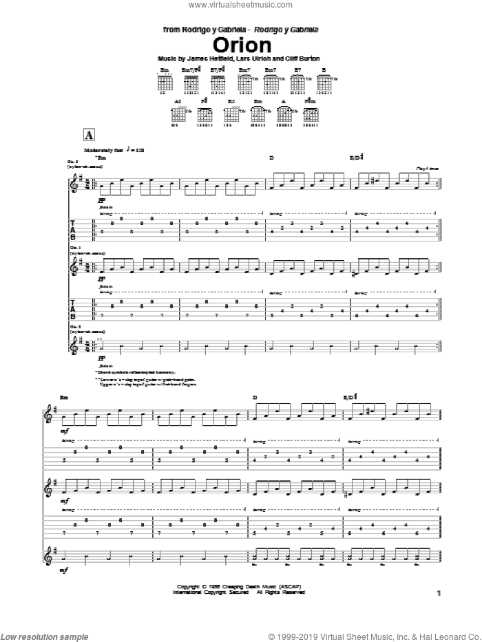 Orion sheet music for guitar (tablature) by Rodrigo y Gabriela, Cliff Burton, James Hetfield, Lars Ulrich and Metallica, intermediate skill level