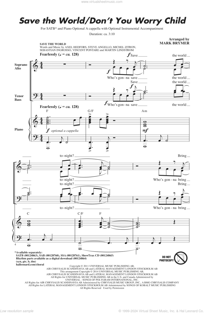 Save The World/Don't You Worry Child sheet music for choir (SATB: soprano, alto, tenor, bass) by Mark Brymer, Pentatonix, Swedish House Mafia, Axel Hedfors, Martin Lindstrom, Michel Zitron, Sebastian Ingrosso, Steve Angello and Vincent Pontare, intermediate skill level