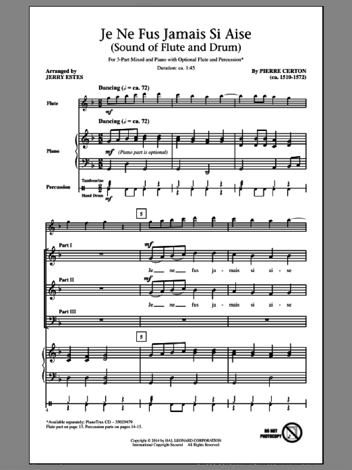 Je Ne Fus Jamais Si Aise sheet music for choir (3-Part Mixed) by Pierre Certon and Jerry Estes, intermediate skill level