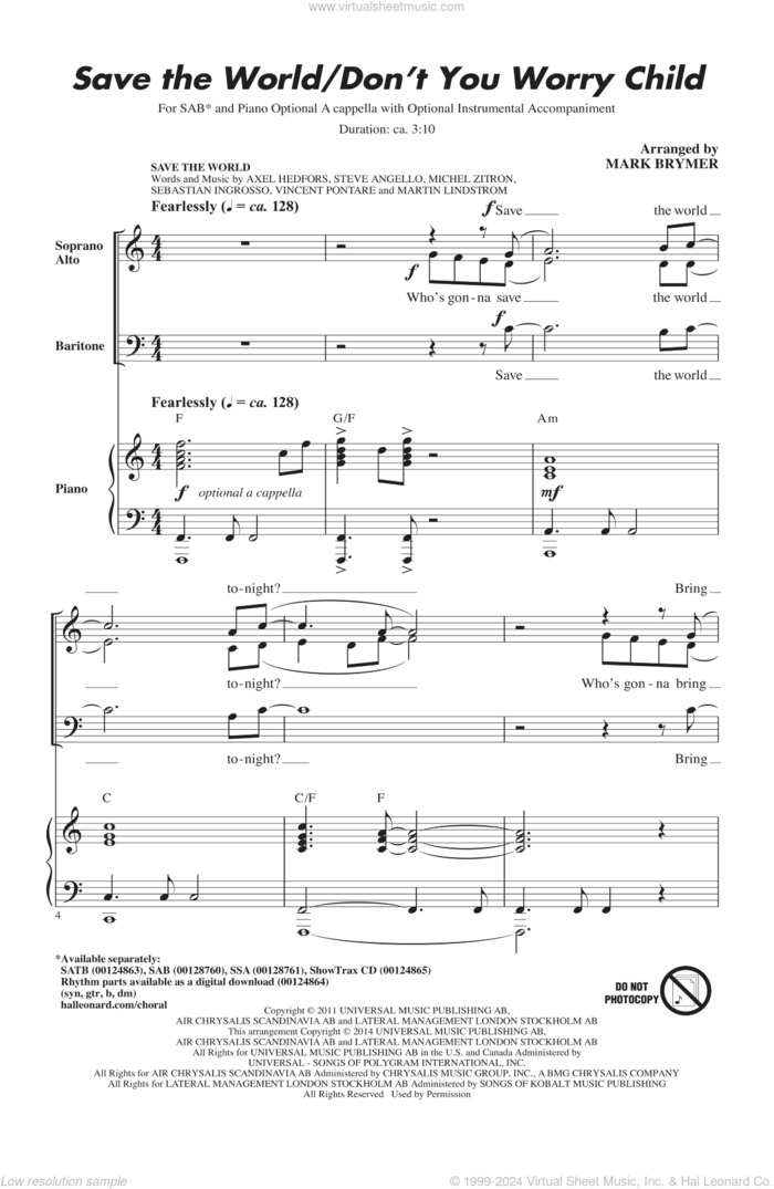 Save The World/Don't You Worry Child sheet music for choir (SAB: soprano, alto, bass) by Mark Brymer, Pentatonix, Swedish House Mafia, Axel Hedfors, Martin Lindstrom, Michel Zitron, Sebastian Ingrosso, Steve Angello and Vincent Pontare, intermediate skill level