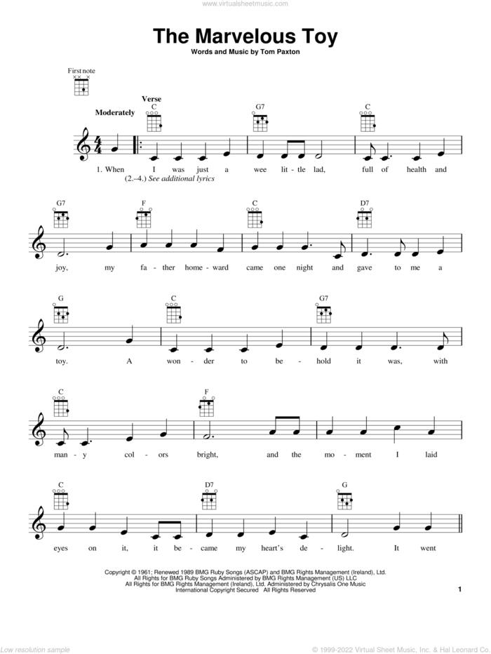 The Marvelous Toy sheet music for ukulele by John Denver and Tom Paxton, intermediate skill level