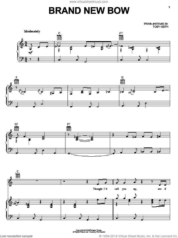 Brand New Bow sheet music for voice, piano or guitar by Toby Keith, intermediate skill level