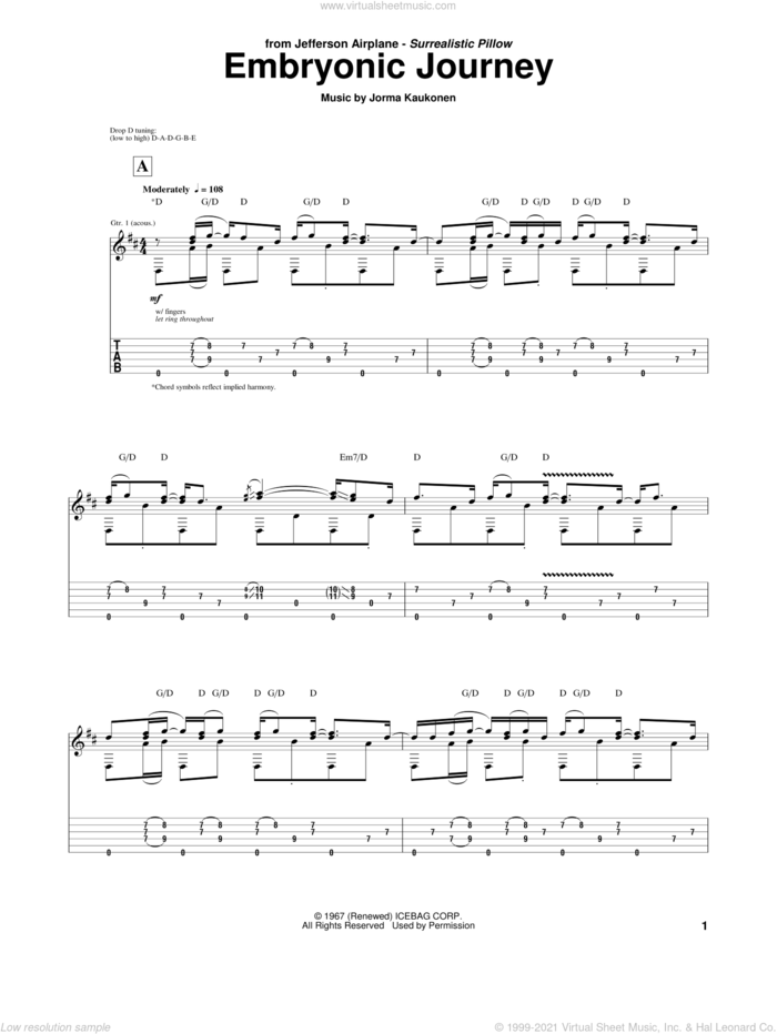 Embryonic Journey sheet music for guitar (tablature) by Jefferson Airplane and Jorma Kaukonen, intermediate skill level