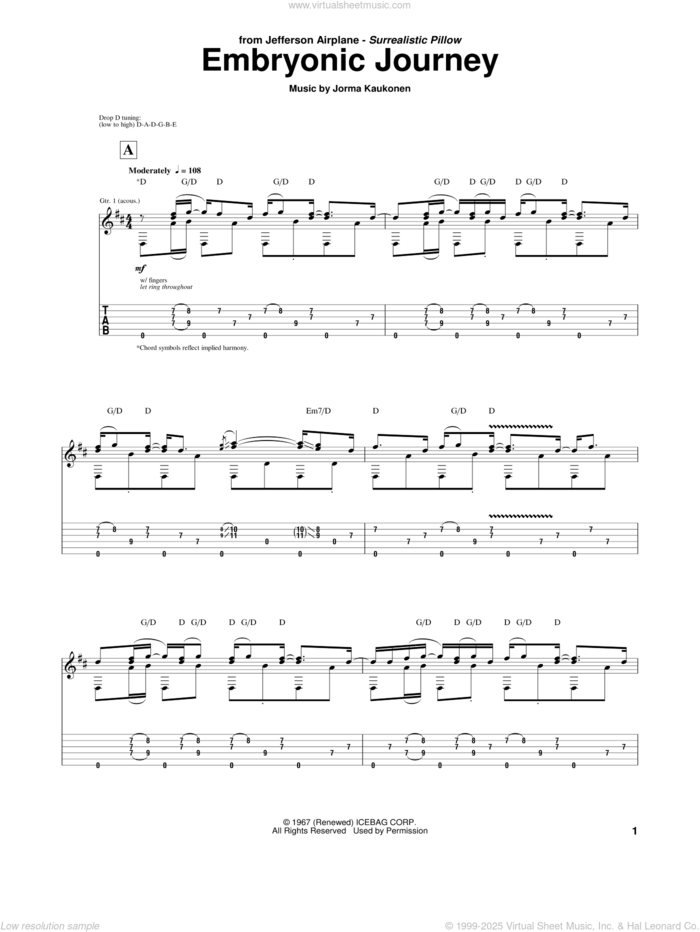 Embryonic Journey sheet music for guitar (tablature) by Jefferson Airplane and Jorma Kaukonen, intermediate skill level