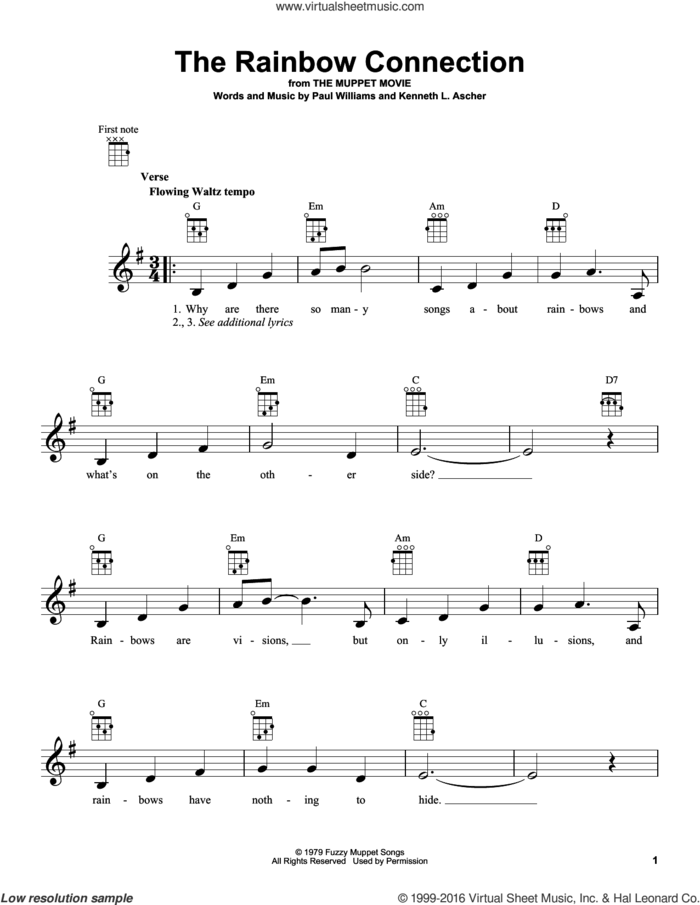 The Rainbow Connection sheet music for ukulele by Paul Williams and Kenneth L. Ascher, intermediate skill level