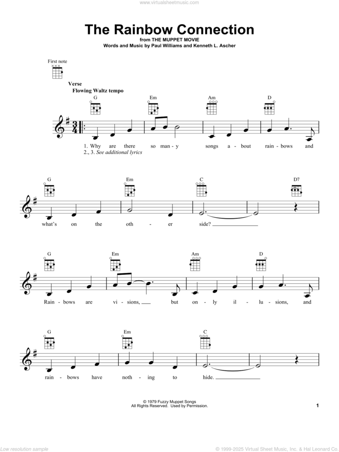 The Rainbow Connection sheet music for ukulele by Paul Williams and Kenneth L. Ascher, intermediate skill level