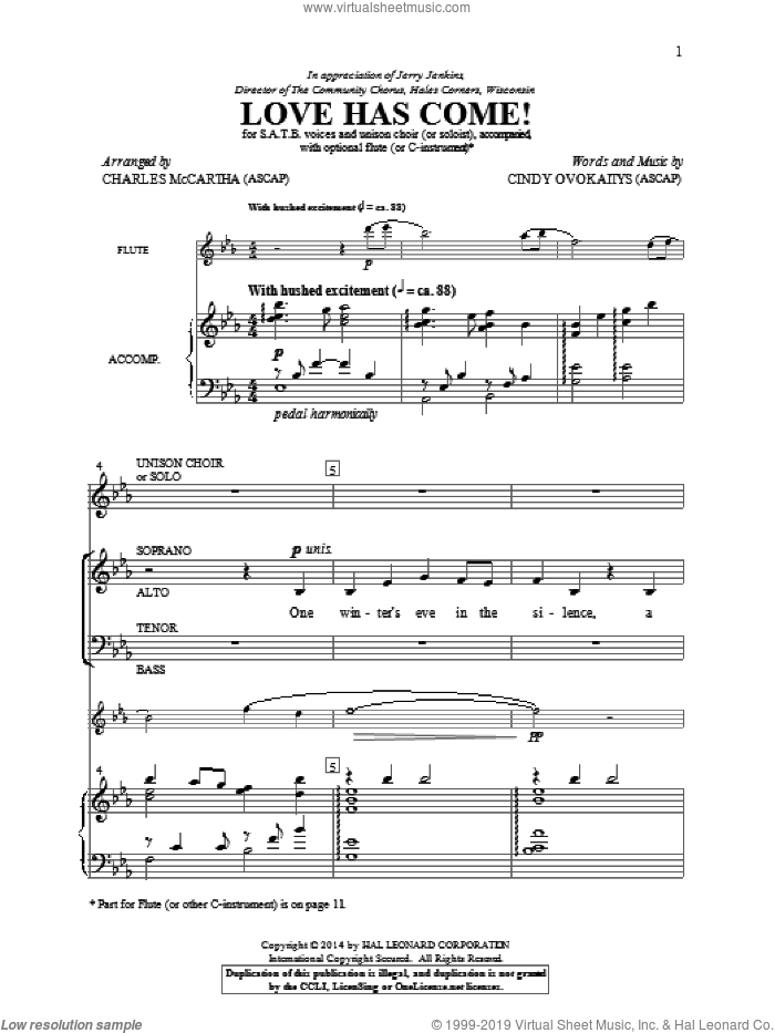 Love Has Come! sheet music for choir (SATB: soprano, alto, tenor, bass) by Cindy Ovokaitys and Charles McCartha, intermediate skill level