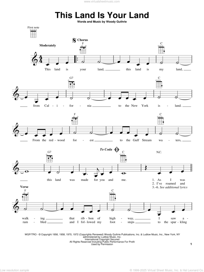 This Land Is Your Land sheet music for ukulele by Woody Guthrie, New Christy Minstrels, Peter, Paul & Mary and Woody & Arlo Guthrie, intermediate skill level