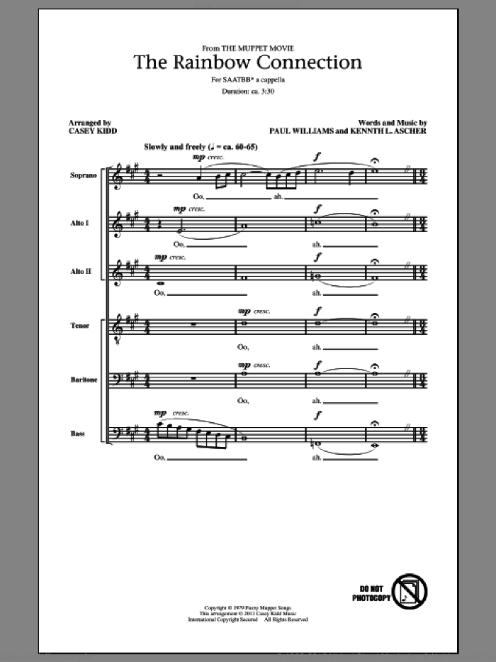 The Rainbow Connection sheet music for choir (SATB: soprano, alto, tenor, bass) by Paul Williams, Casey Kidd, Ken Ascher, Kenneth L. Ascher, Kermit The Frog and The Muppets, intermediate skill level
