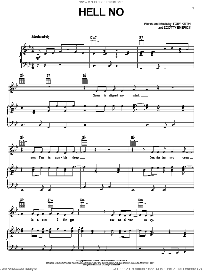 Hell No sheet music for voice, piano or guitar by Toby Keith and Scotty Emerick, intermediate skill level